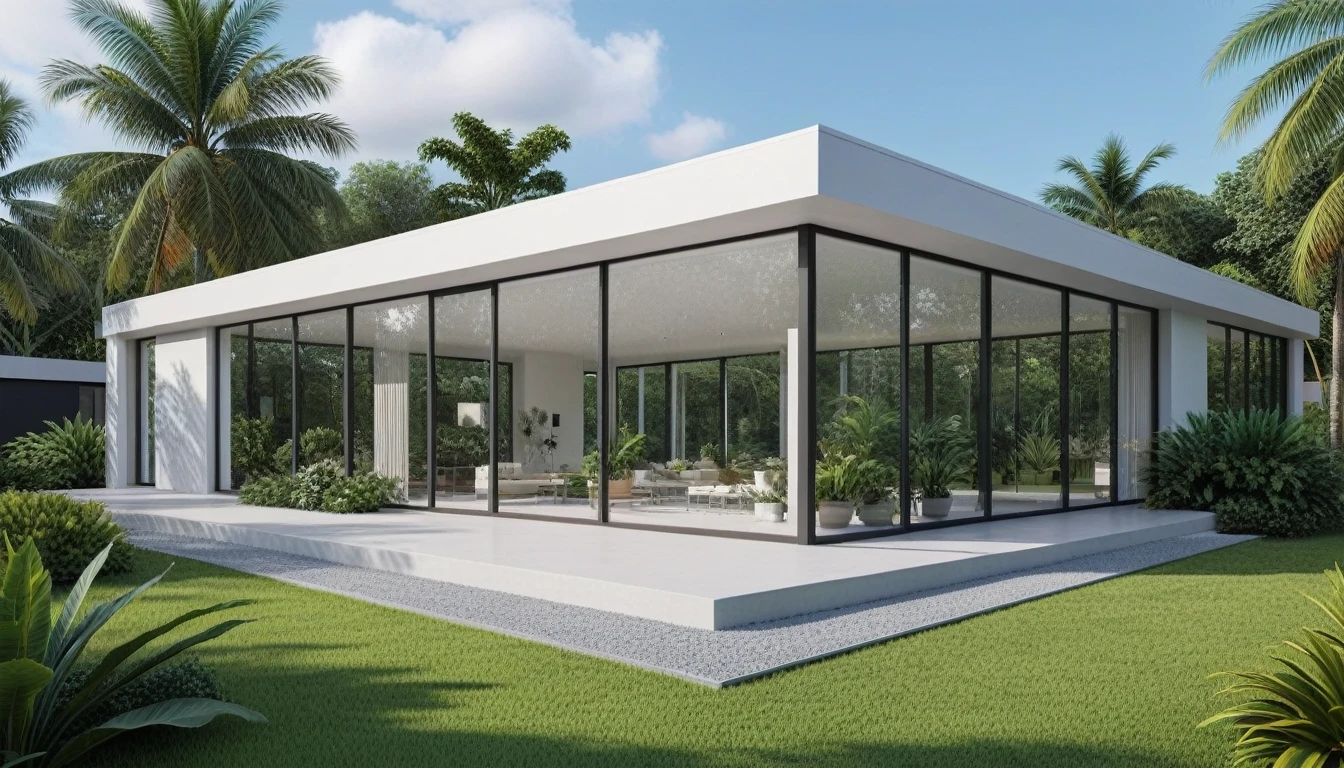 A hyper-realistic image of a modern one-story house with a minimalist design, featuring a combination of white and glass materials. The house has a flat roof, large floor-to-ceiling glass windows, and a spacious front yard. The garden includes various tropical plants and trees. house as the showroom mini