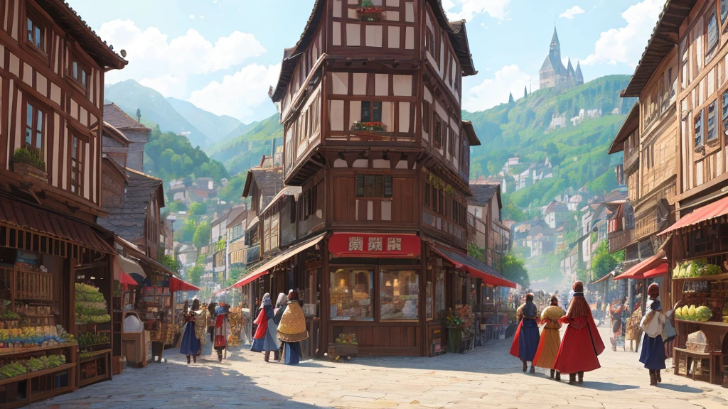 People preparing for the festival々、Medieval Europe、Small village、Preparations for the festival、Bustling、Streetscape、Fantasy、Fantasy、Daytime、Gorgeous