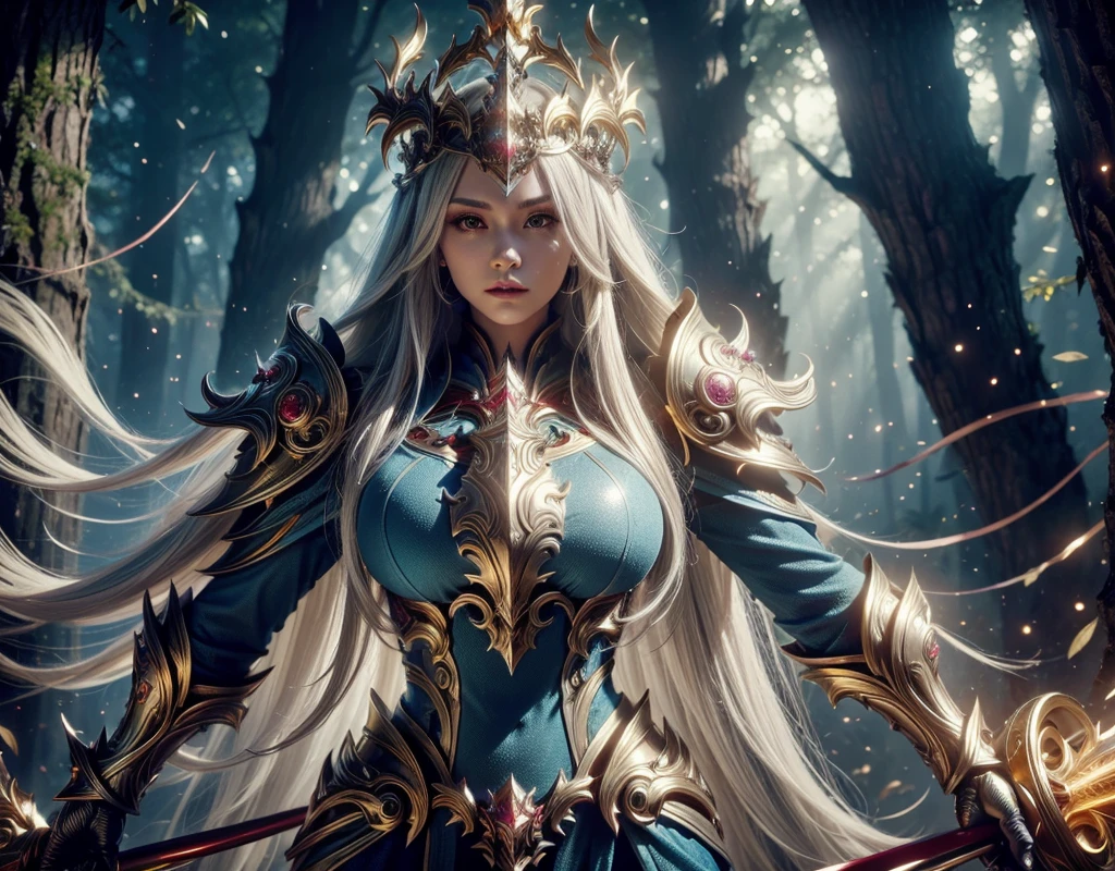  In a clear day forest, there is a woman highlighting her remains of her feathers well shed. A goddess with long white hair, golden crown with shiny magic crystal, wearing a blue costume of a sorceress costume of paladin, futuristic powers. Anja War Armor with Big Aza 
  with fine gold accents, on a large tree facing me. Details:1.2) 4K ultra-HD, digital SLR, soft lighting, high quality, 