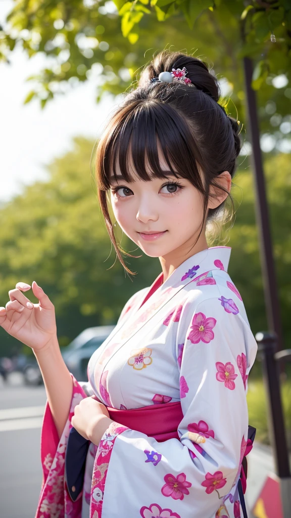 Best quality, masterpiece, ultra-high resolution, 8K, (reality: 1.4), RAW shooting, most detailed face, very detailed and perfect anatomy, live photography; most beautiful face; shining skin; one 18-year-old Japanese.My bangs and eyes are big and cute.It has brown eyes, gentle eyes, long brown hair, a young face, and a large chest.E-cup.
a smiling face.Cosplay, yukata, and hairstyle are dango style, shrines.Kanzashi and Fireworks Festival.