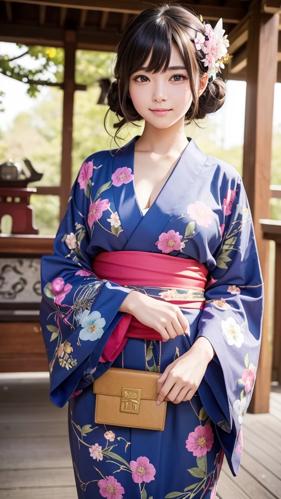 Best quality, masterpiece, ultra-high resolution, 8K, (reality: 1.4), RAW shooting, most detailed face, very detailed and perfect anatomy, live photography; most beautiful face; shining skin; one 18-year-old Japanese.My bangs and eyes are big and cute.It has brown eyes, gentle eyes, long brown hair, a young face, and a large chest.E-cup.
a smiling face.Cosplay, yukata, and hairstyle are dango style, shrines.Kanzashi and Fireworks Festival.