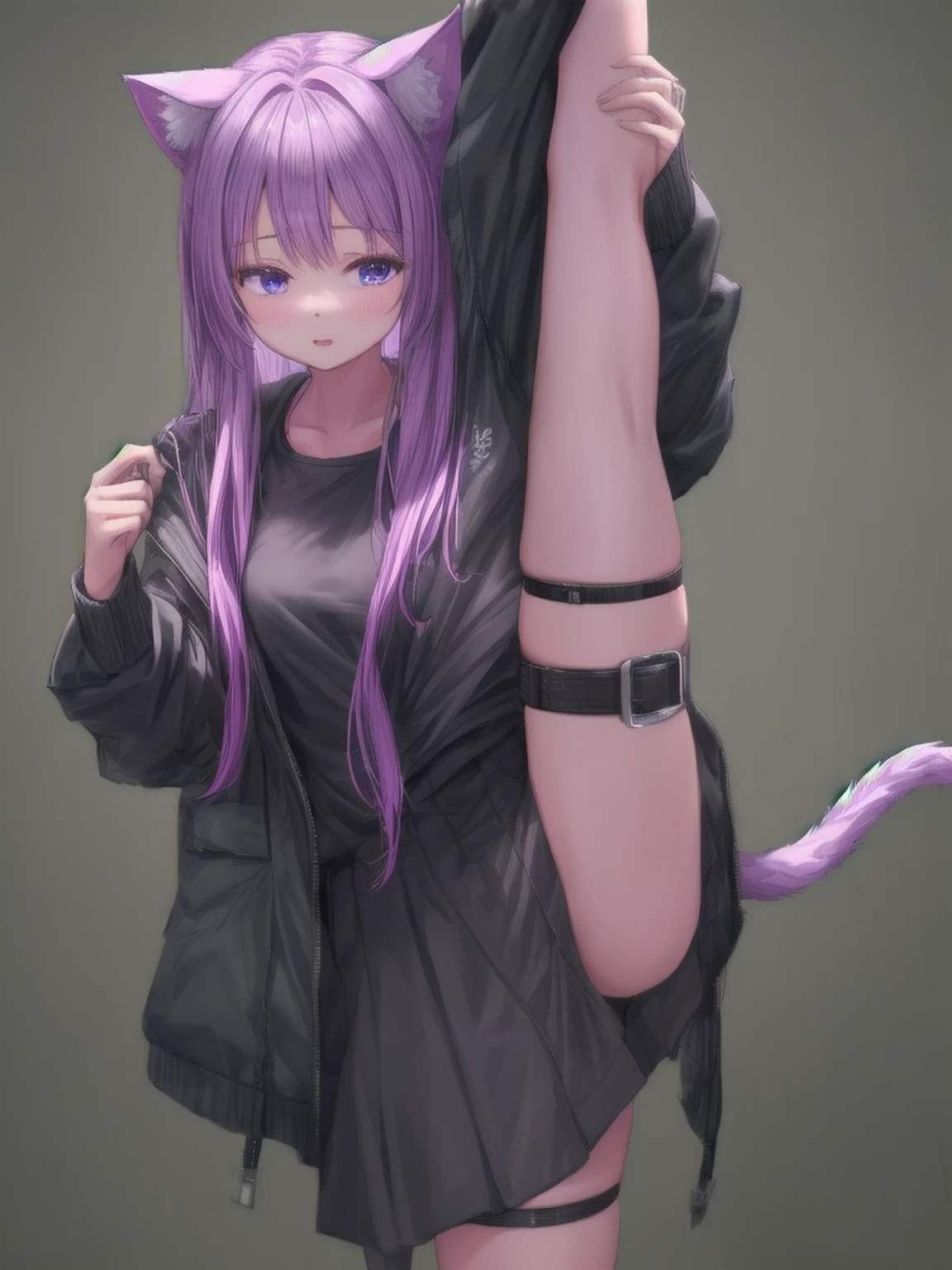 1girl, cat ears, cat tail, solo, age:16, :3, standing, purple long hair, purple eyes, upper body, closed mouth, ultra-detailed, black jacket, rich colors, black jacket, white t-sirt, black skirt, leg strap, anatomicaly correct, masterpiece, best quality, raytracing, standing split