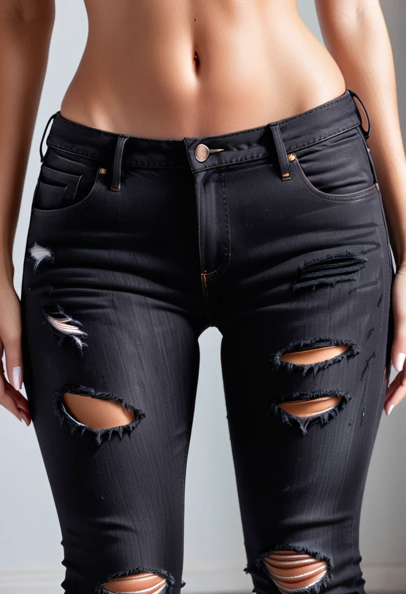Close up on the crotch of a sexy woman wearing a ripped skinny black jeans.