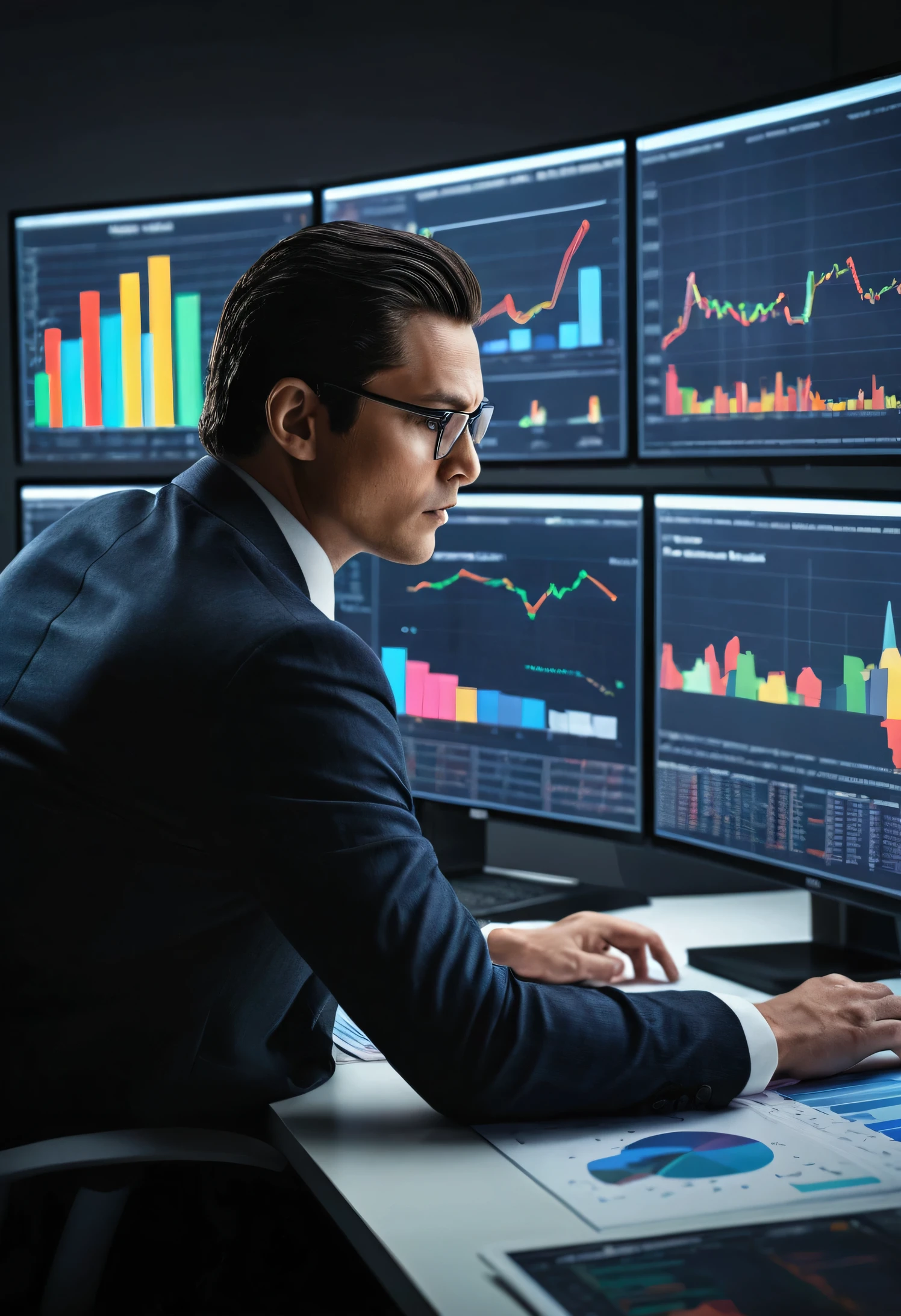 A professional photography style image of a data analyst working on a high-resolution monitor, displaying intricate data charts and graphs, hyper realistic, UHD, 1 person, sitting at desk, business attire, serious expression, focused on work, data visualization, complex infographics, modern office interior, studio lighting, cinematic composition, dramatic shadows, muted color palette, photorealistic rendering, ultra detailed, sharp focus