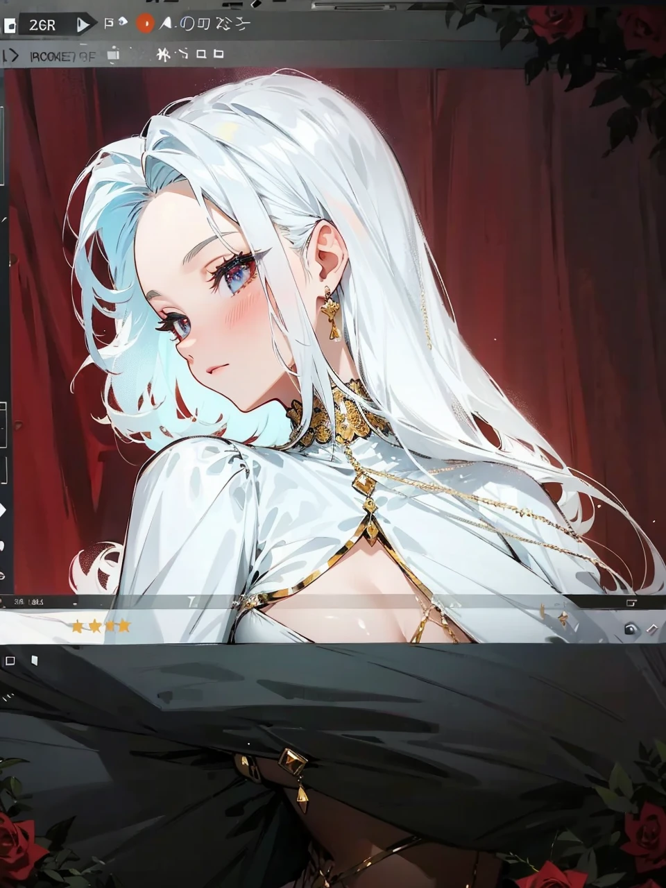 Add in roses to her dress, a good back dress design with some golden jewelry, make her dress into a red and white gown with a hat, give her some unique Jewelry, and make her look somewhat of a demonic angel like appearance to her