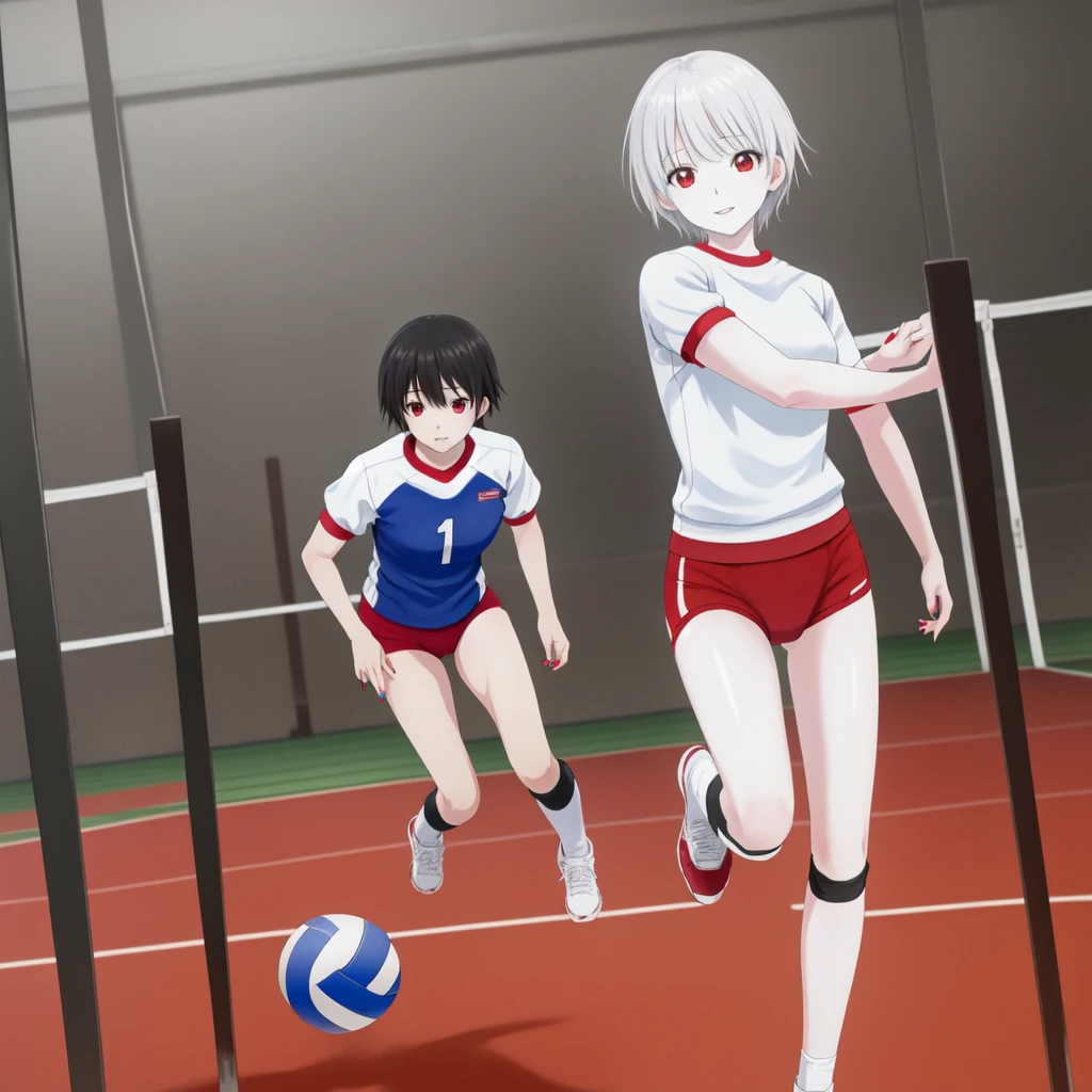 masterpiece、Highest quality，High resolution，snow-white skin、Pure white hair、Vampire Noriko Isobe、Red eyes、Pure white skin、Red nails、Volleyball Club、Pure white hairの毛、Doing Valley、gym