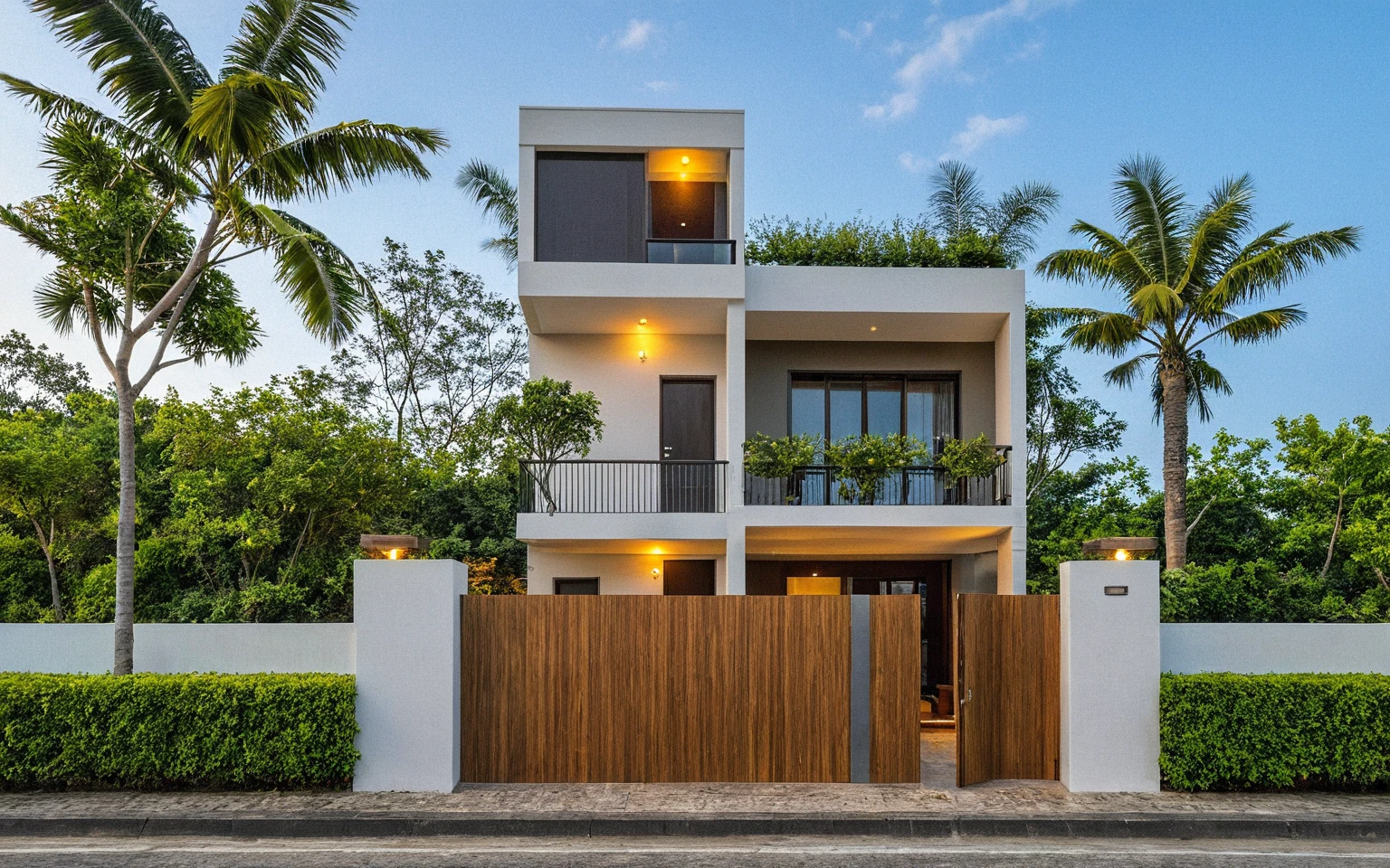 head of'artwork, High quality, best quality, authentique, Great detail, En plein air, villa de plain-piedXL, groupe aiai, style de maison moderne dans la rue ,stairs, white wall ,road,pavement, grass, trees, sky, nuvens, (day light:1.1)