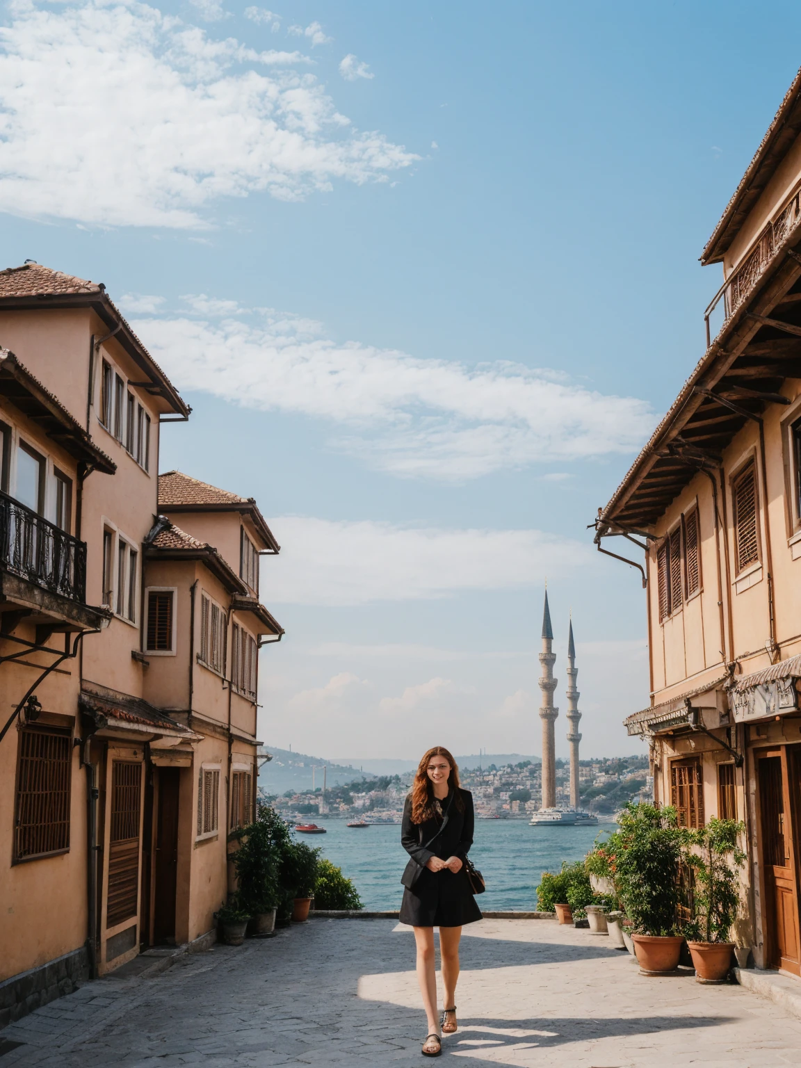 her name is Annie, high quality, 1girl, ((20-year-old fit Caucasian woman)), ((20 years old)), ((fit)) auburn long hair, pose: standing, wearing colored unique g gen Z modern wear, BACKGROUND: Lived between Europe and Asia in Istanbul, with its ancient mosques, bustling bazaars, and breathtaking views of the Bosphorus.