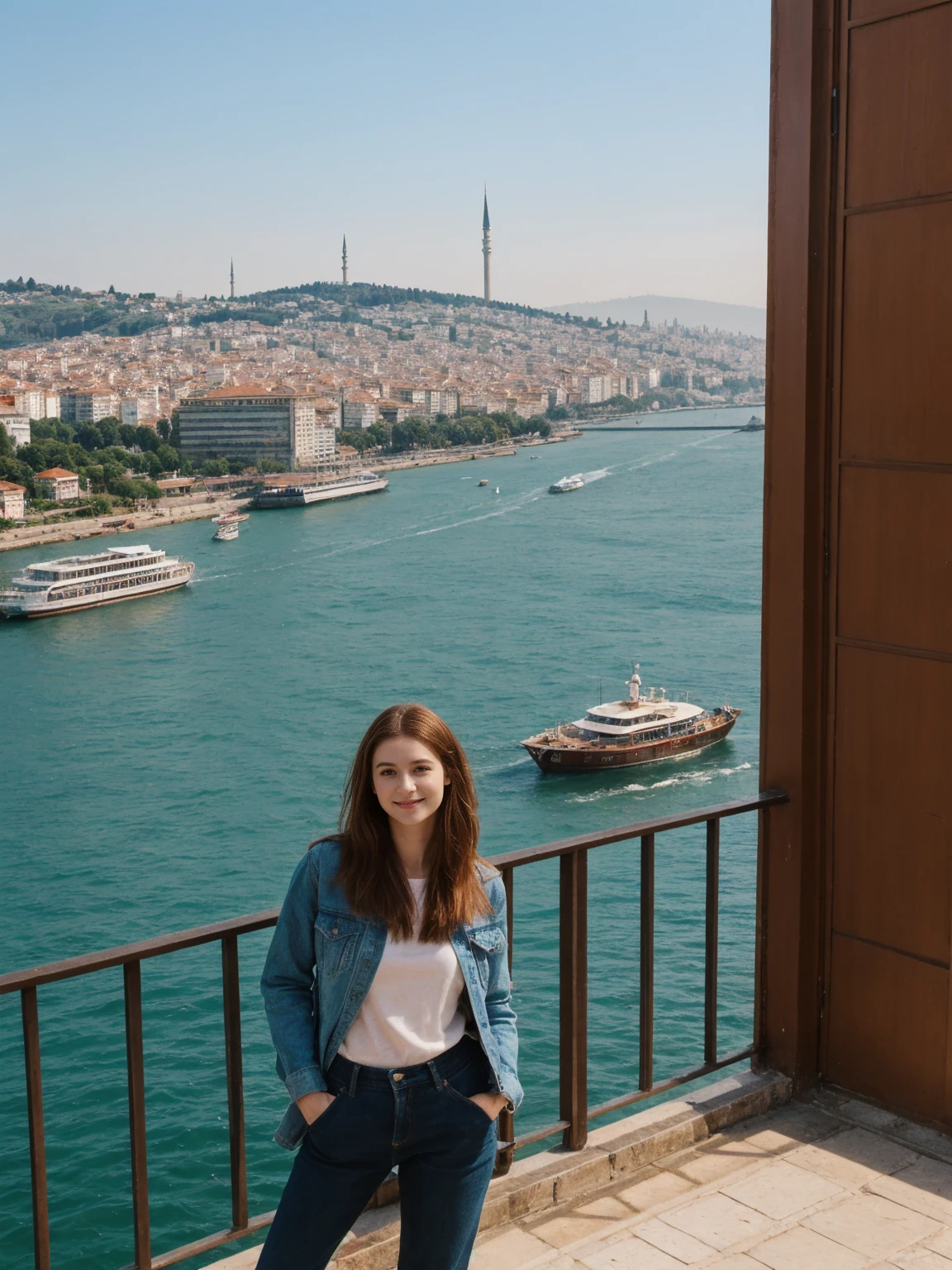 her name is Annie, high quality, 1girl, ((20-year-old fit Caucasian woman)), ((20 years old)), ((fit))  auburn long hair, pose: standing, wearing colored unique g gen Z modern wear, BACKGROUND: Lived between Europe and Asia in Istanbul, with its ancient mosques, bustling bazaars, and breathtaking views of the Bosphorus.