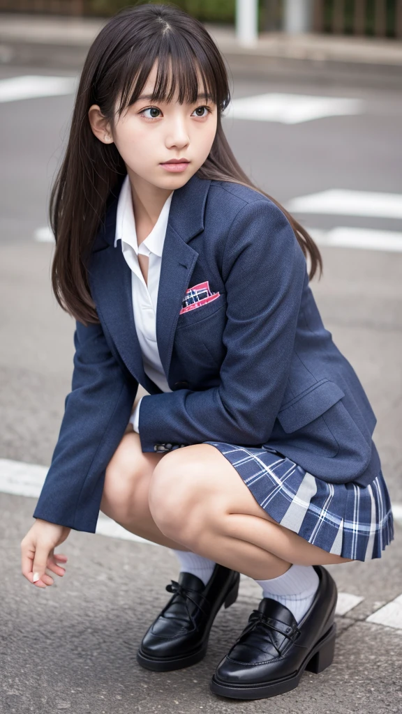 Japanese 18 year old high school girl、Navy blue blazer uniform、Grey checked mini skirt、Crouching