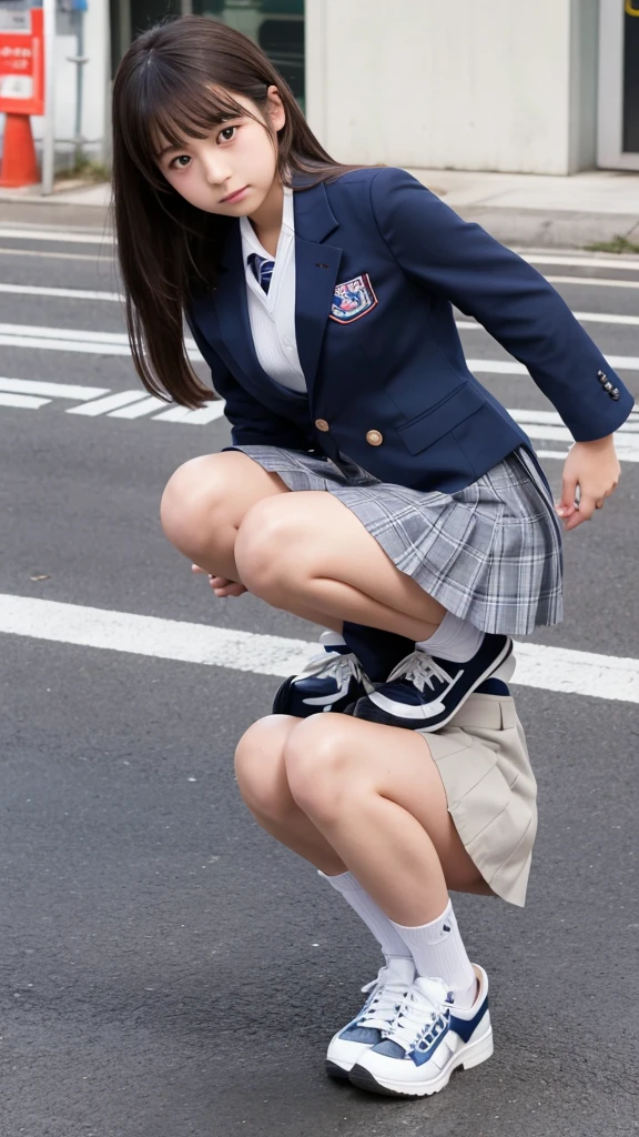 Japanese 18 year old high school girl、Navy blue blazer uniform、Grey checked mini skirt、Crouching