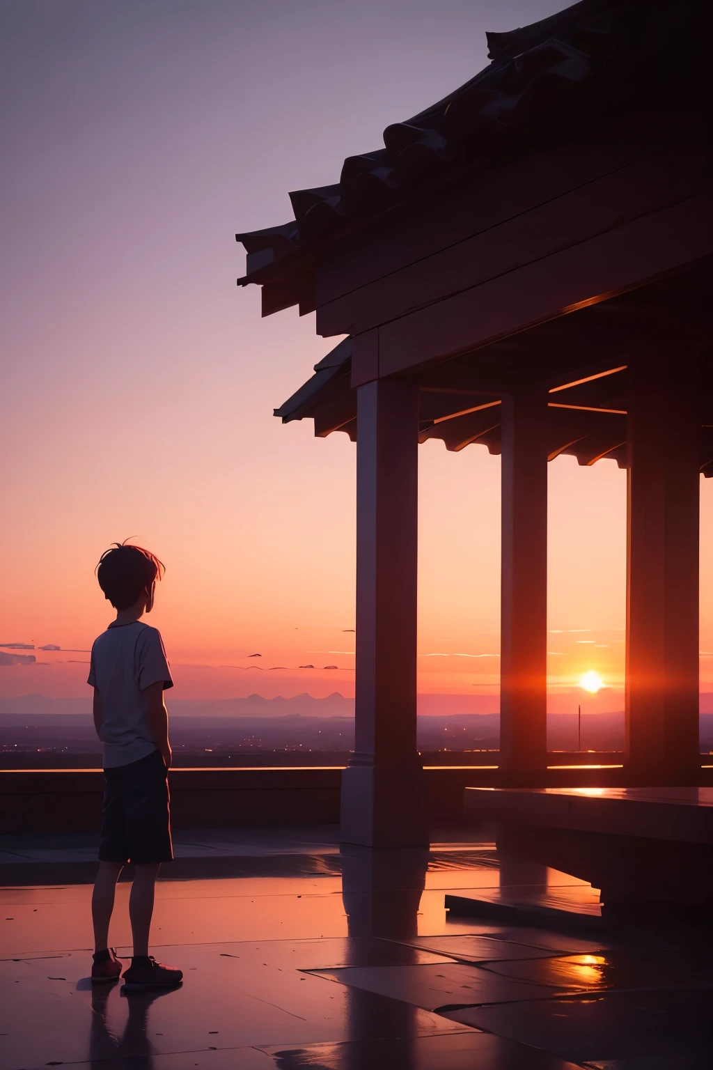 Sunset Admirers, Boy and Girl at a Distance,

In the soft glow of a resplendent sunset, a young boy and girl stand captivated, gazing at the world below from an afar. The last rays of sunlight dance and twinkle across the sky, casting a warm and radiant hue over the landscape. The world is bathed in a golden light, preserving the early morning vibe, as if time itself has paused to honor this brief moment of beauty. The colors of the sunset blend harmoniously, a vibrant palette of orange, pink, and purple that paints the sky like a living masterpiece. The boy and girl, lost in the enchant