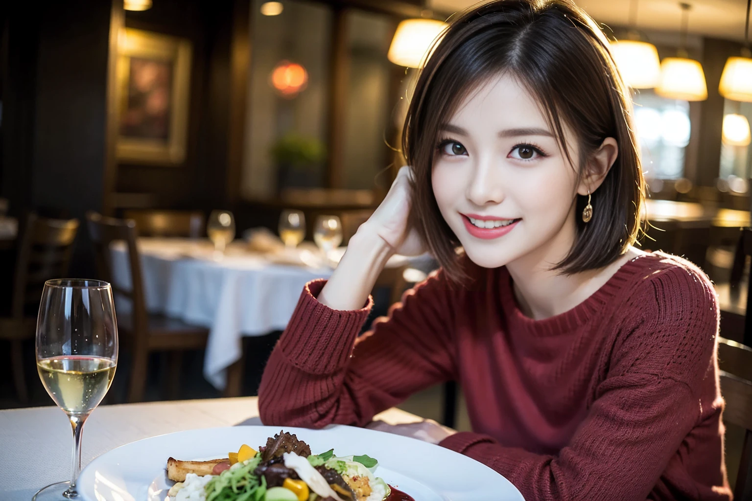 ((Highest quality、8k、masterpiece:1.3))、Shortcuts、cute、slimカップル、modelカップル、actress男優、(Realistic, Intricate details:1.2), full-course dinner、Wine Party、Amazing view of the sunset sky and clouds、A bright smile、short hair,Bright Face、45 years old), 42 years old, red wine 、Appetizers、Italian food、Wine bottle、Champagne、sparkling wine、Two beauties、Brown Hair、Shortcuts、Long sleeve shirt、dress、Beautiful woman 1, (slimな顔), (The body is slim), (Brown Hair), (Shortcuts), cheeks turn a little red,Attractive beauty、restaurant, In a prominent place (From the waist up) Nova Frog Style, actress, model, Upper Body, White wine, slim, wine glass, 中央に置かれたwine glass, smile, (smile: 1.15), Beautiful fine grain, Depth f/2,saturation, High Contrast, Strong light and shadow,Moist Body:1.5、3D texture、Delicate eyes、Brown Hair、The hair is very shiny、