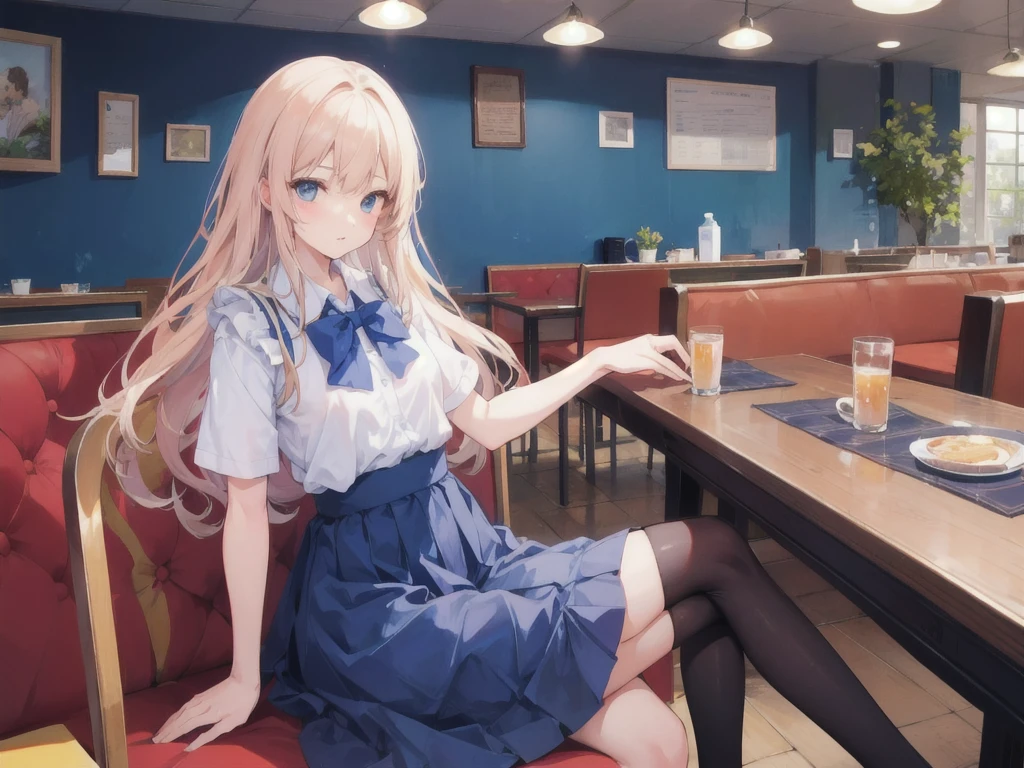 girl wear skirt and man, sit in blue cafe, French sweet
