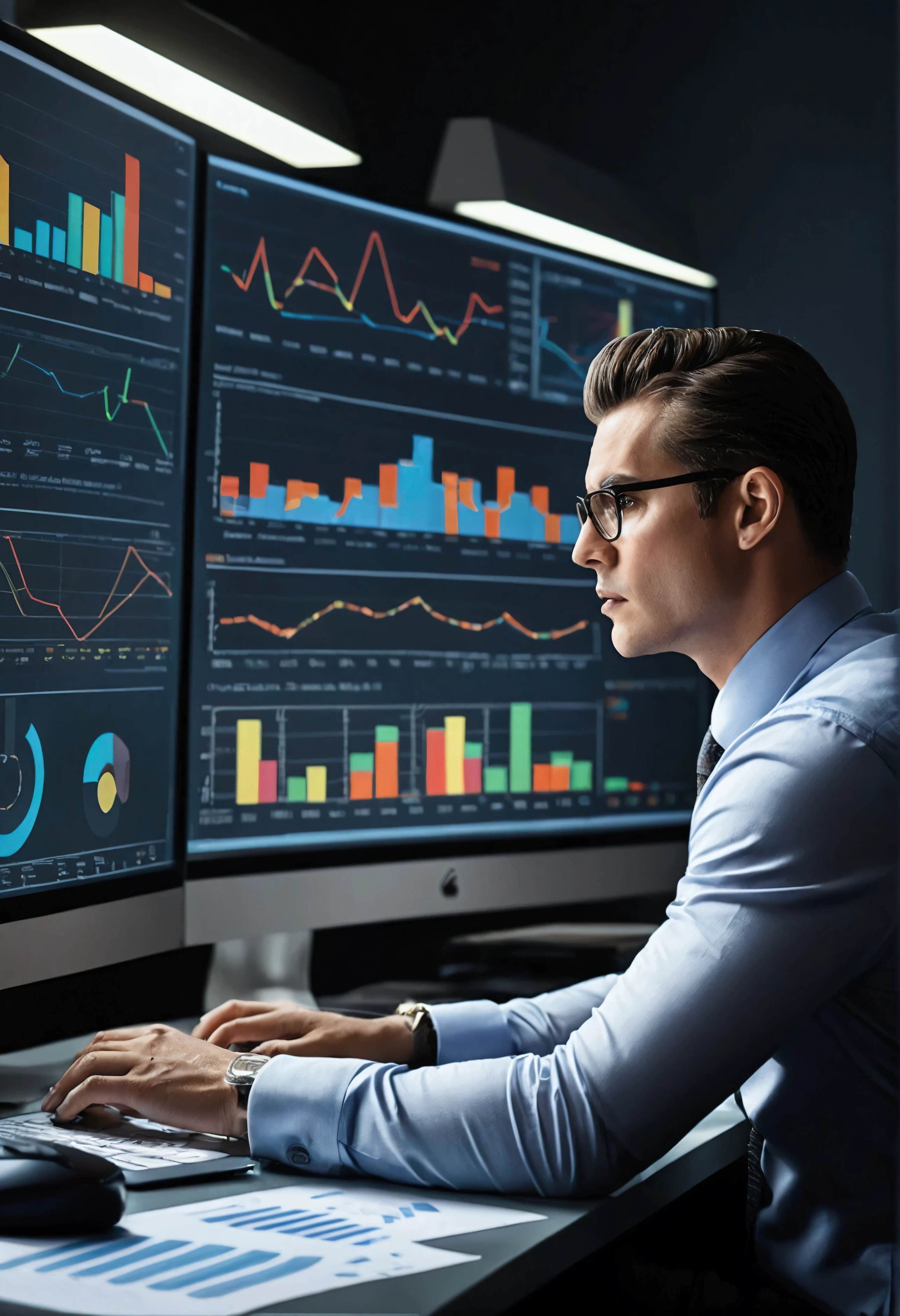 A professional photography style image of a data analyst working on a high-resolution monitor, displaying intricate data charts and graphs, hyper realistic, UHD, 1 person, sitting at desk, business attire, serious expression, focused on work, data visualization, complex infographics, modern office interior, studio lighting, cinematic composition, dramatic shadows, muted color palette, photorealistic rendering, ultra detailed, sharp focus