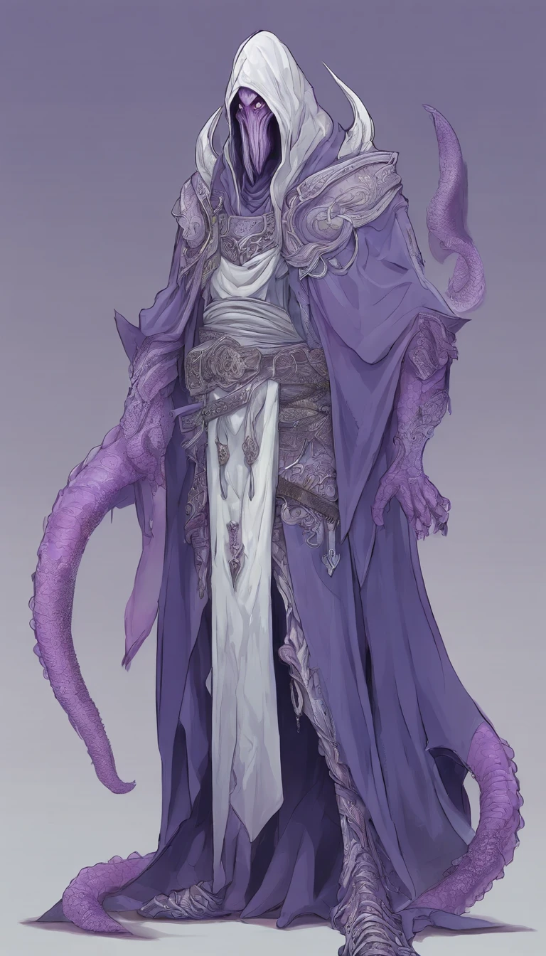 Mind flayer,Inspired by Dungeons & Dragons,Full body concept art illustration of Mind Flayer。The character has human-like proportions,tall、slim and muscular。The character has 4 tentacles extending from its chin,Light purple skin,Almost Blue。The character is dressed in exquisite、Luxurious white academic robes and ornate leather boots。Background is blank