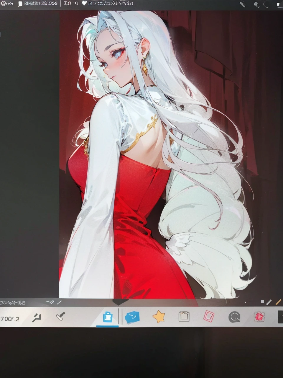 Add in roses to her dress, a good back dress design with some golden jewelry, make her dress into a red and white gown with a hat, give her some unique Jewelry, and make her look somewhat of a demonic angel like appearance to her