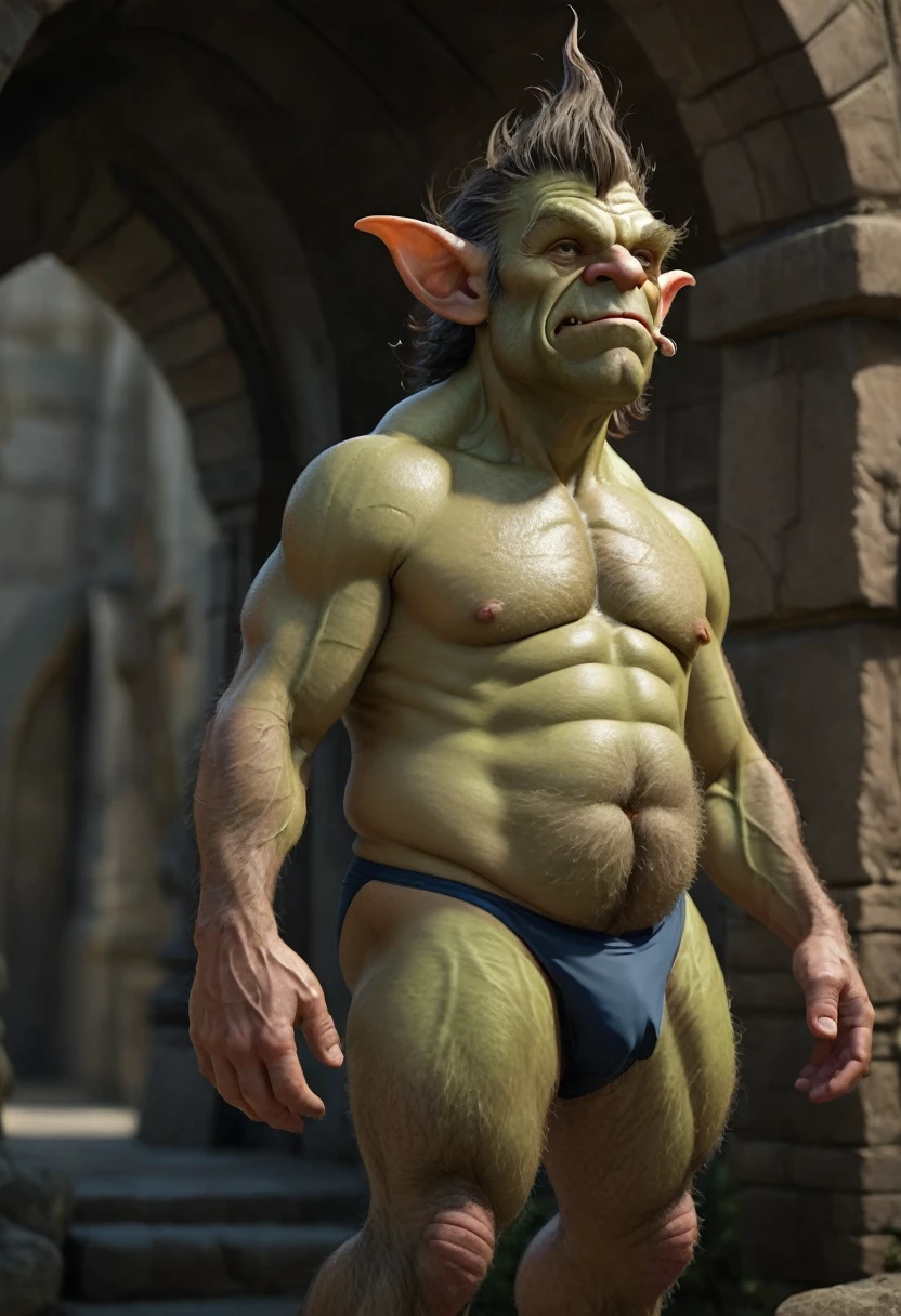 a tall goblin Fat, hairy, muscular, speedo, swollen intestines, prominent belly, pointed ears