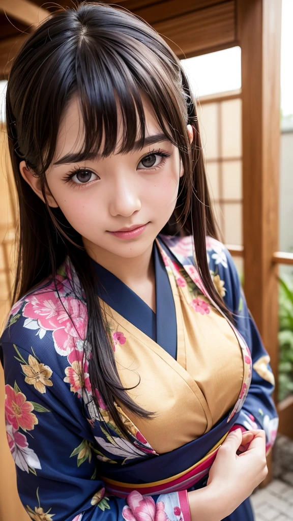 Best quality, masterpiece, ultra-high resolution, 8K, (reality: 1.4), RAW shooting, most detailed face, very detailed and perfect anatomy, live photography; most beautiful face; shining skin; one 18-year-old Japanese.My bangs and eyes are big and cute.It has brown eyes, gentle eyes, long brown hair, a young face, and a large chest.E-cup. 
a smiling face.Cosplay, yukata, and hairstyle are dango style, shrines.Kanzashi and Fireworks Festival.