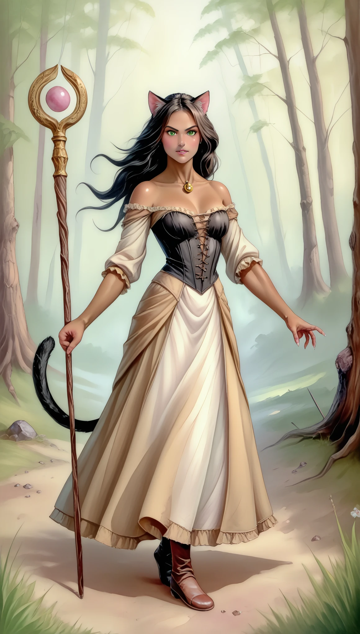 (zPDXL2),  score_9_up, painterly, faux traditional media, realistic, BREAK
1girl, solo, fullbody, (cat:1.2), (long black flowing hair), green eyes, (cat ears, cat tail), tanned skin, medieval, fantasy, sorcerer sexy dress, holding magic staff, action pose, battle pose, damaged, forest background, BREAK
AissistXLv2, unaestheticXL_bp5, SimplePositiveXLv2, zPDXL2 PonyXLV6_Scores