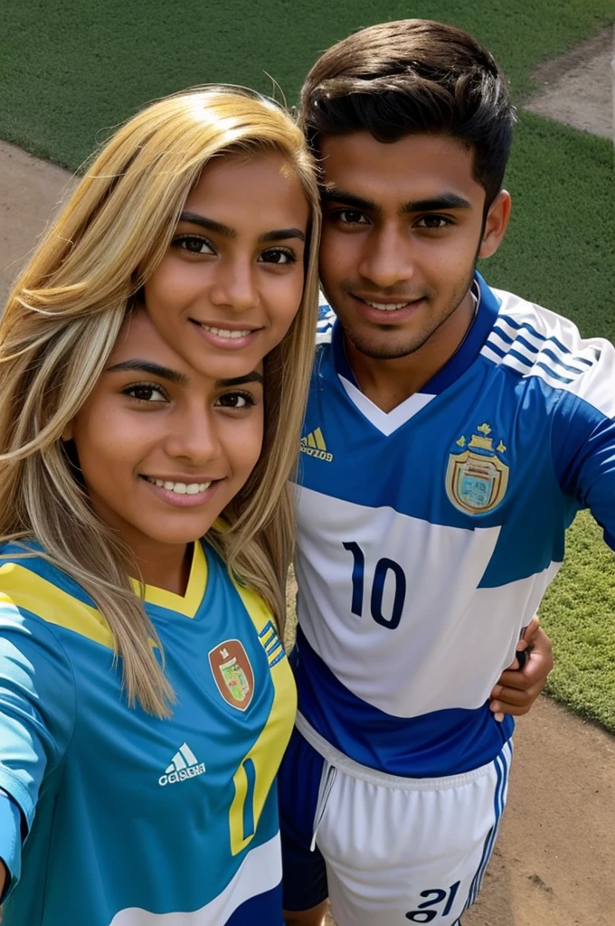 brown boy wearing the shirt of the Argentine soccer team and blonde girl wearing the shirt of the Colombian soccer team in a selfie together