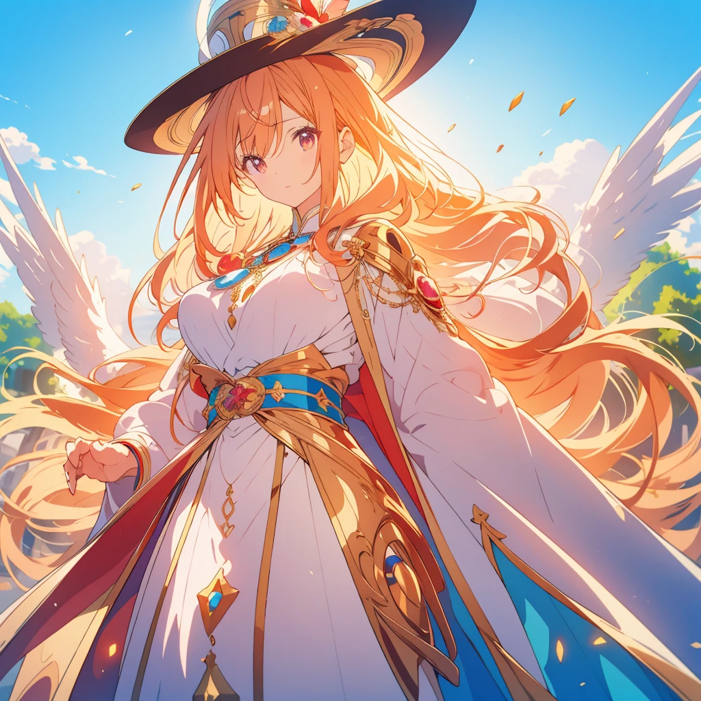 One Girl、Golden Ratio、(masterpiece, Highest quality、Official Art、Optimal Configuration、Award-winning works), (Thin Hair), Very detailed, Anime Style, alone, full length, Concept Art,Magical girl　Big hat　Cape, Very detailedなデザインの魔法の杖,  Super huge, Tall and stylish, Very large.、White Background, full lengthに立って, Floating in the sky,fsgzisksk