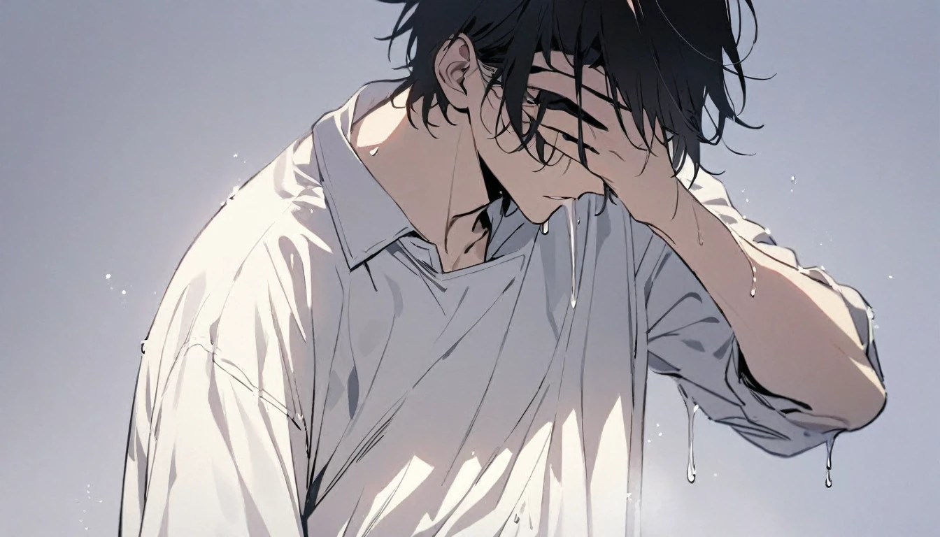 Man, fluid dripping from upper body, black hair, hair covering eyes, handsome, alone, stays for a moment, full body, women's shirt, plain white room