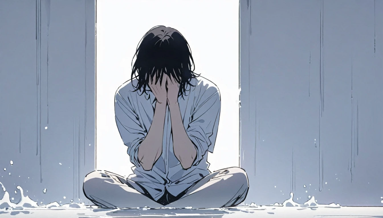 Man, fluid dripping from upper body, black hair, hair covering eyes, handsome, alone, stays for a moment, full body, women's shirt, plain white room