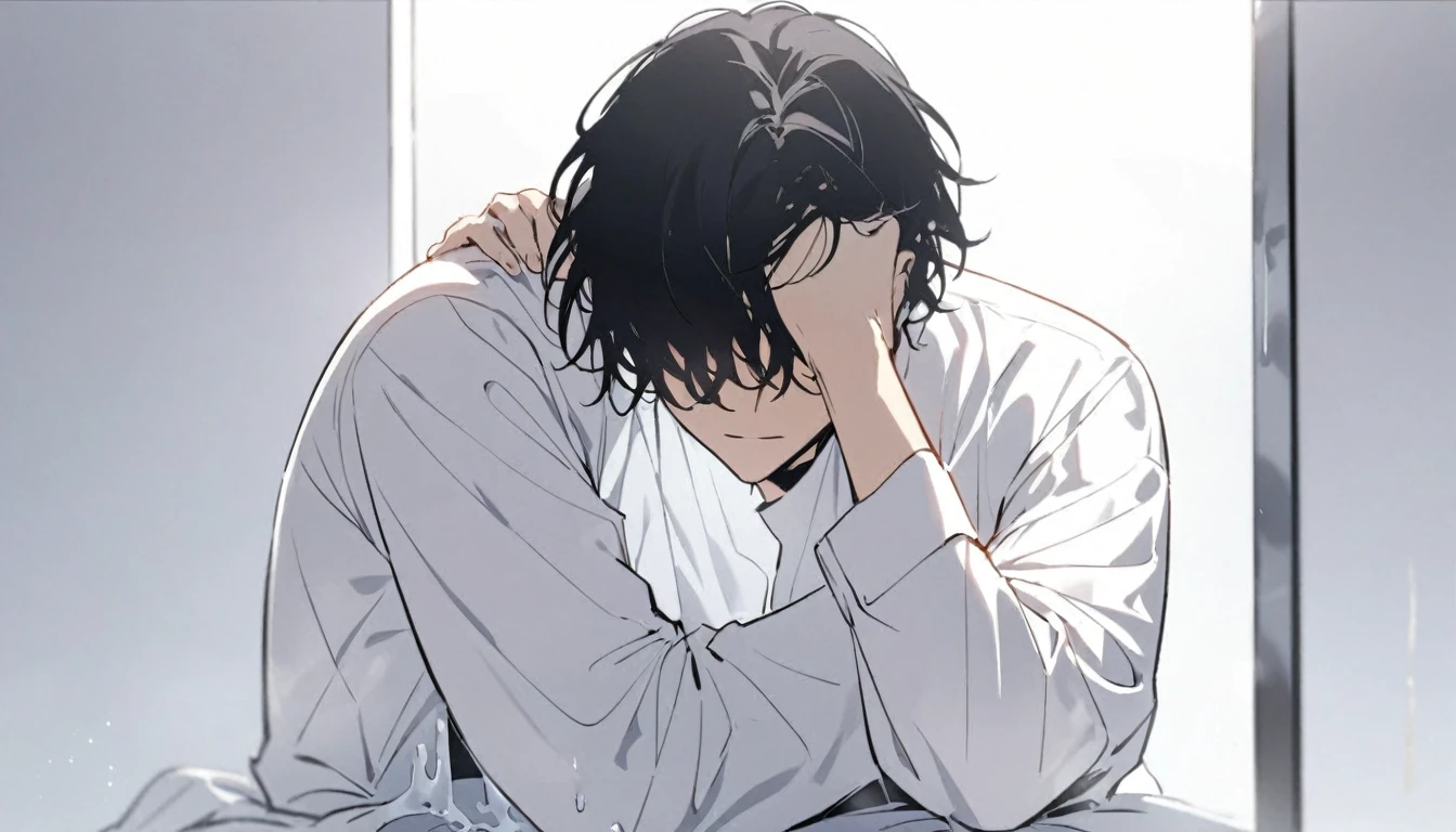 Man, fluid dripping from upper body, black hair, hair covering eyes, handsome, alone, stays for a moment, full body, women's shirt, plain white room