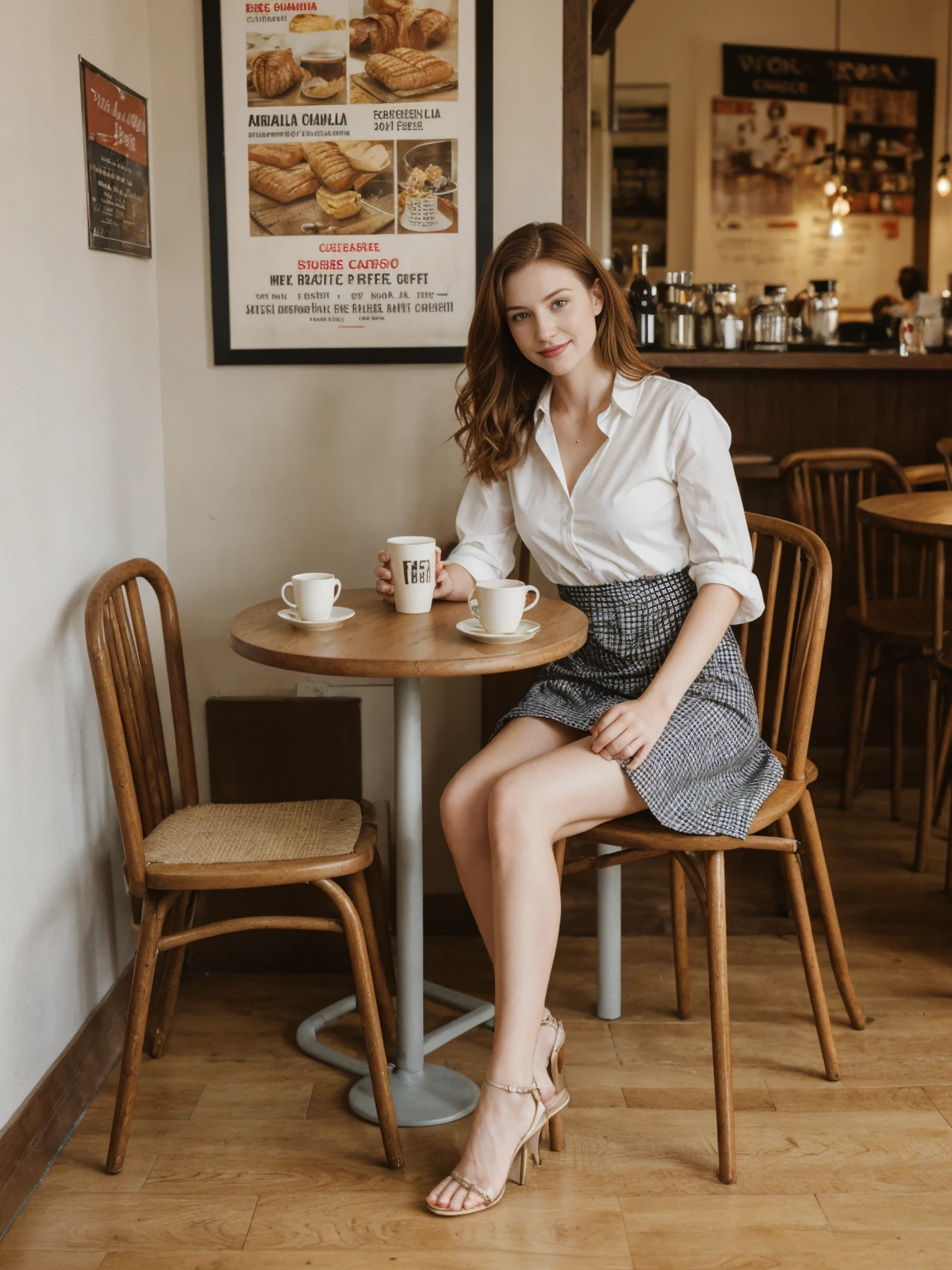 her name is Elle, high quality, 1girl, ((20-year-old fit Caucasian woman)), ((20 years old)), ((fit)), ((pale skin)), short length straight dark hair , wearingRuched Front Satin Blouse + High-Waisted Asymmetrical Skirt, pose: standing, background: Describe the cozy interior of a Parisian café, with its small round tables topped with checkered tablecloths, wrought iron chairs, vintage posters adorning the walls, and the aroma of freshly brewed coffee mingling with the scent of freshly baked croissants.
