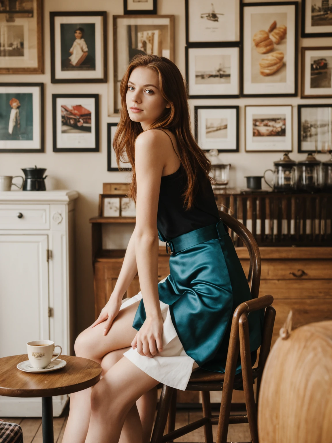 her name is Elle, high quality, 1girl, ((20-year-old fit Caucasian woman)), ((20 years old)), ((fit)), ((pale skin)), long length straight auburn hair , wearingRuched Front Satin Blouse + High-Waisted Asymmetrical Skirt, pose: sitting on a chair, background: Describe the cozy interior of a Parisian café, with its small round tables topped with checkered tablecloths, wrought iron chairs, vintage posters adorning the walls, and the aroma of freshly brewed coffee mingling with the scent of freshly baked croissants.