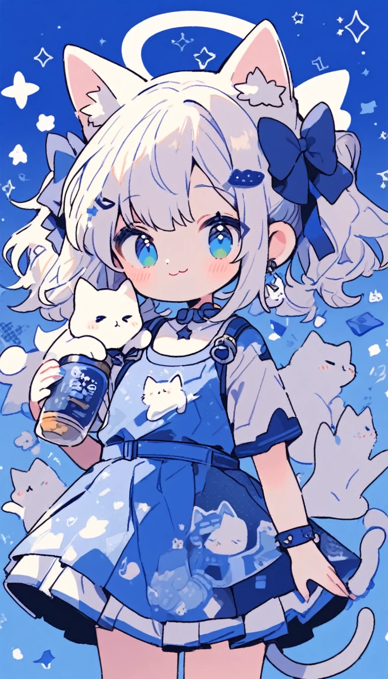 *8K Masterpiece, Top quality, best quality, Official Art, (Beauty and aesthetics: 1.3), Extremely detailed, (Fractal Art: 1.3), White hair. Cat ears. boy. Lovely. Star. blue eyes. Little Smile. Fluffy cat tail. magical boy. Dynamic poses.