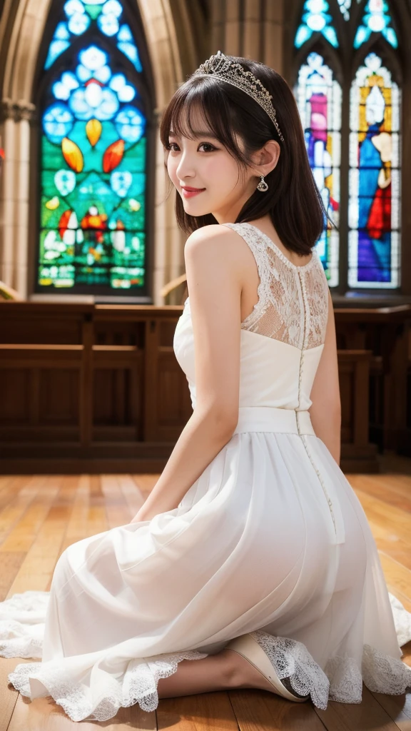 (8k, Photorealistic, Raw photo, Highest quality: 1.4),Japanese idol-style beautiful girl,model,1 person,18-year-old,(Short Bob),(Black Hair),tiara,She has her hair tucked behind her ears,Clear grey eyes,(Long eyelashes),(eye shadow),(Eyeliner),(eyeliner),(piercings(small)),cheek(Beige brown color),(Lip gloss(Deep vermilion)),lips(Plump,glossy),Translucent white and finely textured skin,thin long neck,Thin and delicate shoulders,(Lace gloves(White)),(Wedding Bouquet :1.1),(Wedding dress((Frills),(Lace embroidery),(Plumpした),(Long skirt(Floor-length hem :1.2)))),(layer),(High heels(White)),(Background of a Gothic-style stone church with stained glass windows),View from the rear,Looking back at the camera and smiling,Full body portrait