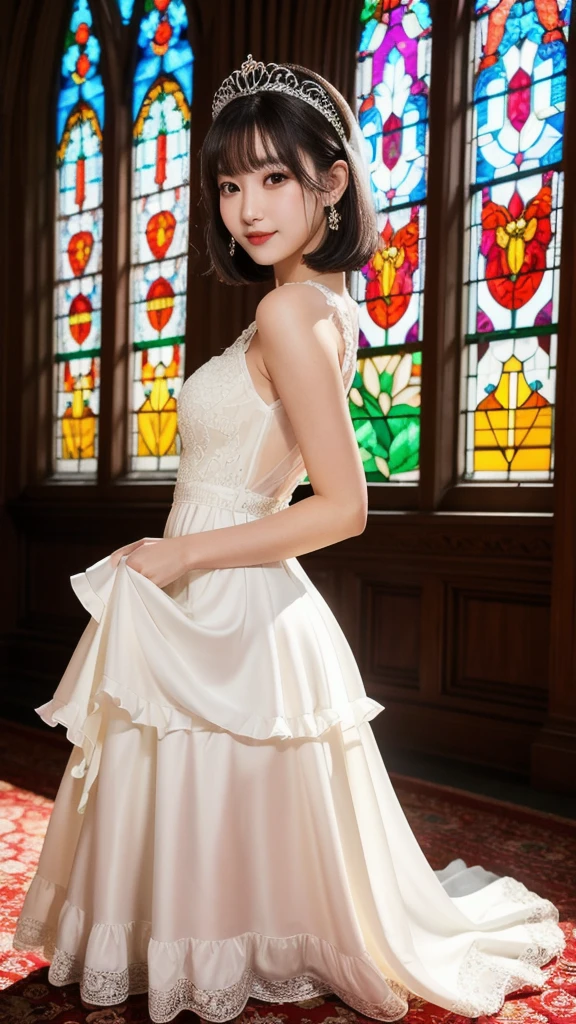 (8k, Photorealistic, Raw photo, Highest quality: 1.4),Japanese idol-style beautiful girl,model,1 person,18-year-old,(Short Bob),(Black Hair),tiara,She has her hair tucked behind her ears,Clear grey eyes,(Long eyelashes),(eye shadow),(Eyeliner),(eyeliner),(piercings(small)),cheek(Beige brown color),(Lip gloss(Deep vermilion)),lips(Plump,glossy),Translucent white and finely textured skin,thin long neck,Thin and delicate shoulders,(Lace gloves(White)),(Wedding Bouquet :1.1),(Wedding dress((Frills),(Lace embroidery),(Plumpした),(Long skirt(Floor-length hem :1.2)))),(layer),(High heels(White)),(Background of a Gothic-style stone church with stained glass windows),View from the rear,Looking back at the camera and smiling,Full body portrait