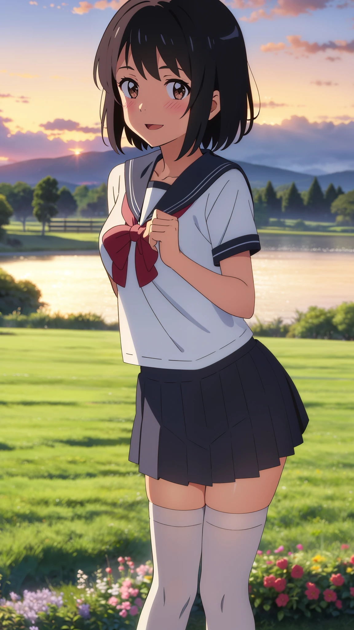 shinkai makoto, kimi no na wa., 1girl, bangs, black hair, blush, expressive eyes, brown eyes, perfect face, looking at the viewer, sailor uniform, shirt, short sleeves, skirt, thighhighs, short hair, solo, outdoors, shinny skin, smile, cute, open mouth, cloudy, evening, sunset sky, flower field, (masterpiece), best quality