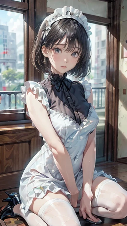 (8k, Realistic, RAW Photos, Highest quality: 1.4),Japanese idol-style beautiful girl,model,1 person,18-year-old,(Short Bob),(Black Hair),tiara,She has her hair tucked behind her ear,Transparent grey eyes,Long eyelashes,eyeliner,eyeliner,(Earrings(small)),cheek(Beige brown),(Lip gloss),lips(Plump,Shiny),透明感のあるwhiteさとキメの細かい肌,thin long neck,Thin and delicate shoulders,(Lace gloves(white)),(Wedding Bouquet),(Wedding dress(Frills,Plumpしたロングスカート :1.1)),(layer),(Fishnet tights(white)),(High heels(white)),(Background of a Gothic stone church with stained glass windows),Smiling for the camera,Full body portrait