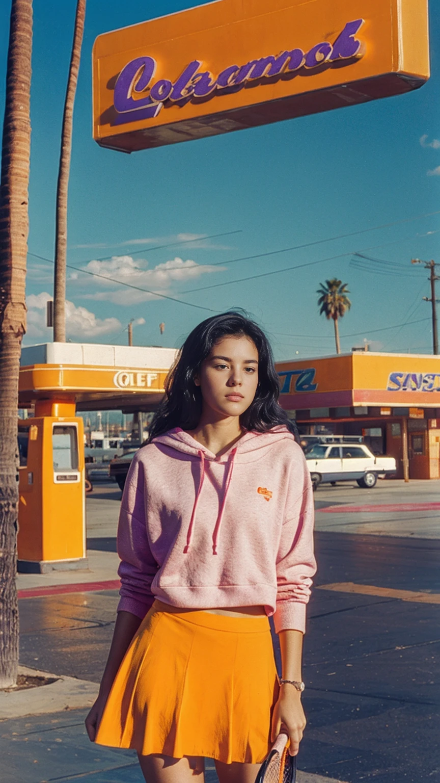 (medium long shot portrait) of cute 23 yo girl ,wear ((orange color oversized_hoodie)), wear ((purple tennis skirt)),looking front,Best Quality,Masterpiece,Ultra High Resolution,(Realisticity:1.4),Original Photo, 1Girl, light leak,ultra high resolution,UHD,beautiful, ((black straight hair)), almond eye, no makeup, in front of ((80's colorful los angles gas station)), (realistic:1.2), (surreal:1.3), (very detailed:1.1), ((masterpiece)),summer, blue sky, palm trees,sunny, los angles vibes,film camera, 800mm lens,style of Philip Lorca diCorcia