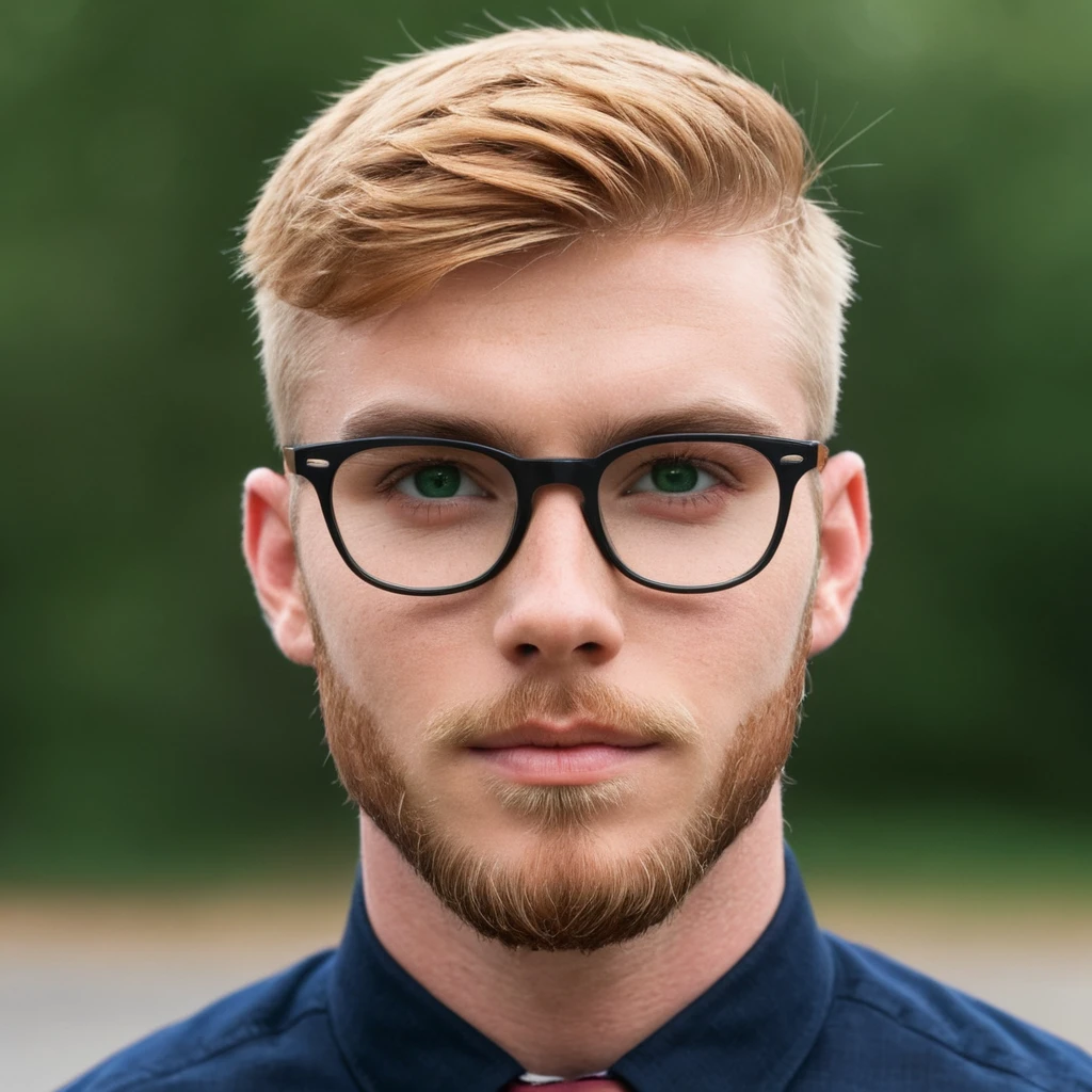 Handsome Scottish guy, strawberry blondehair, green eyes, short hair, buzzcut hair, beard,  25 years old businessman, big eyeglasses 