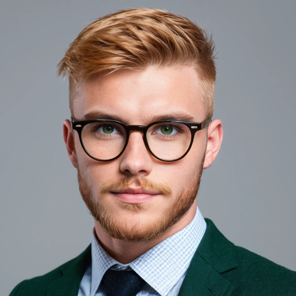 Handsome Scottish guy, strawberry blondehair, green eyes, short hair, buzzcut hair, beard,  25 years old businessman, big eyeglasses 