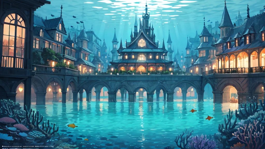 Submerged city, underwater opera house, illustration, nostalgic, underwater, water city, vivid, background only, bright, underwater
