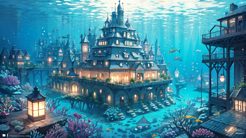 Submerged city, underwater opera house, illustration, nostalgic, underwater, water city, vivid, background only, bright, underwater