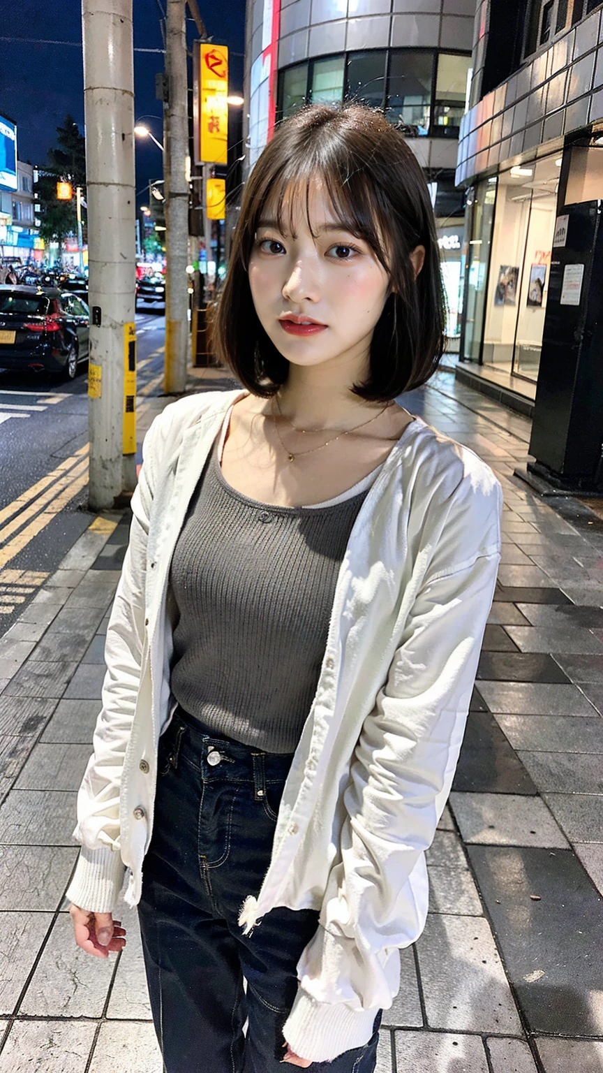 a beautiful japanese woman with very short bob haircut, full body shot, wearing fashionable clothes, necklace, simple background, (best quality,8k,32k,masterpiece:1.2),cinematic aesthetic:1.4,beautiful fashion model photo in bokeh city night,full body shot,Standing figure with feet projected、In stylish winter clothes