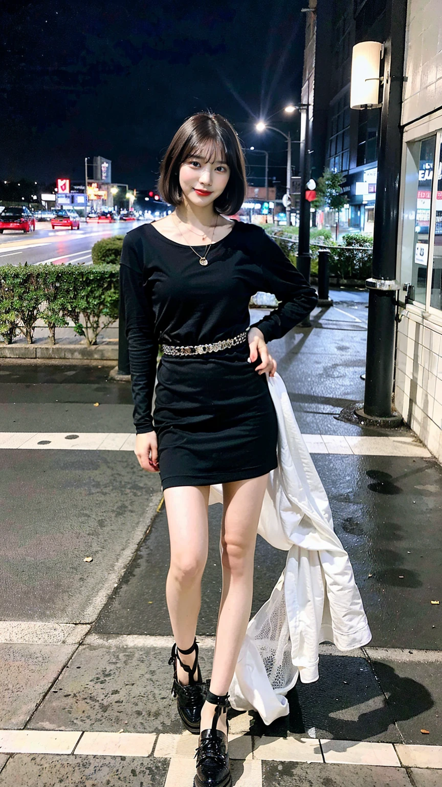 a beautiful japanese woman with very short bob haircut, full body shot, wearing fashionable clothes, necklace, simple background, (best quality,8k,32k,masterpiece:1.2),cinematic aesthetic:1.4,beautiful fashion model photo in bokeh city night,full body shot,Standing figure with feet projected、In stylish winter clothes