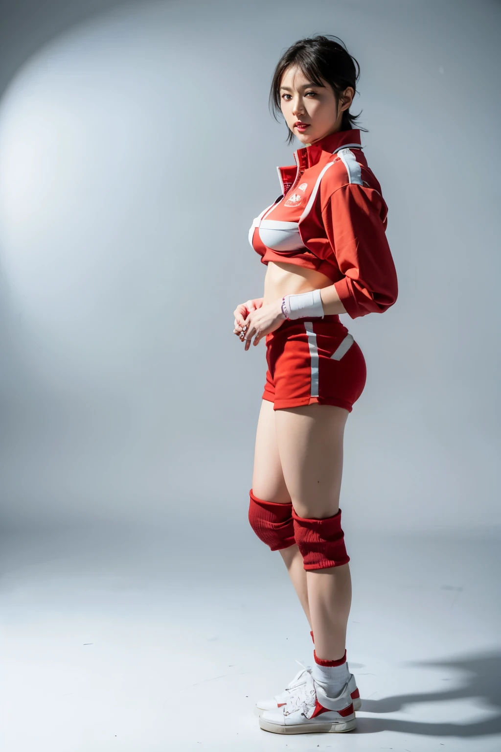 (RAW photo:1.2),(tall:1.2),(photo realistic:1.2),(masterpiece:1.2),(best quality:1.2),(full body:1.2), (ayuhara natsu:1.2), (standing:1.2), (short hair:1.2),(red jacket:1.2),(short shorts:1.2), (beauty face:1.2),(large breast:1.2), (bandages:1.2), (knee pads:1.2), (sneakers:1.2), (simple background:1.2)