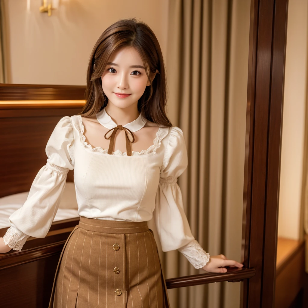 Top quality, 1 beautiful woman, medium Hair, brown hair, wearing Bell-sleeve-sweater & dirndl skirt, half-smile, Seductive pose, Skirt-Lift, reading Light, at hotel
