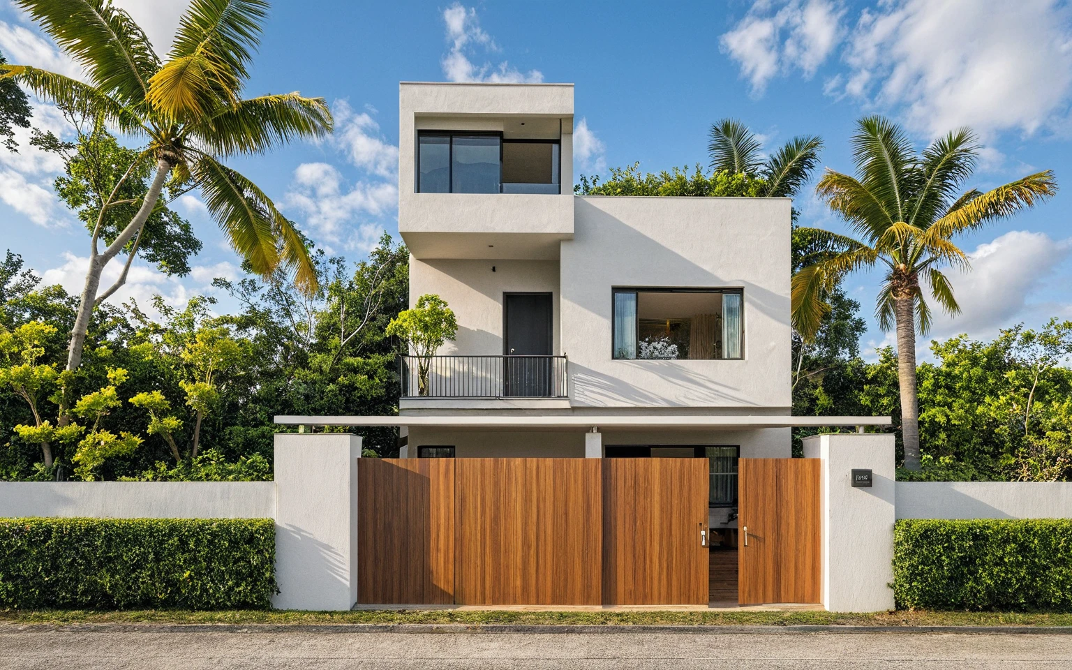 head of'artwork, High quality, best quality, authentique, Great detail, En plein air, villa de plain-piedXL, groupe aiai, style de maison moderne dans la rue ,stairs, white wall ,road,pavement, grass, trees, sky, nuvens, (day light:1.1)
