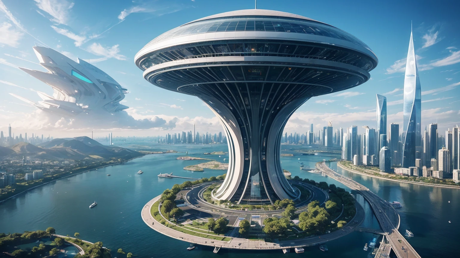 (Best quality,4K,8K,A high resolution,Masterpiece:1.2),Ultra-detailed,(Realistic,Photorealistic,photo-realistic:1.37),Futuristic floating city,Futuristic technology,Huge urban high-tech tablet platform,Airship,Floating in the sky,Futuristic city,Small airships around,High-tech hemispherical platform,Colorful lights,Advanced architecture,modernn architecture,skyscrapper,Access the cloud,Scenic beauty,view over city,Impressive design,Blend seamlessly with nature,energetic and vibrant atmosphere,Futuristic transportation system,Parking is suspended,Transparent path,Lush greenery,Sky gardens,cascading waterfalls,Magnificent skyline,reflections on the water,Sparkling river,Architectural innovation,futuristic skyscrapers,Transparent dome,The shape of the building is unusual,Elevated walkway,Impressive skyline,Glowing lights,Futuristic technology,Minimalist design,Scenic spots,Panoramic view,Cloud Piercing Tower,Vibrant colors,epic sunrise,epic sunset,Dazzling light display,magical ambiance,The future city,Urban Utopia,LuxuryLifestyle,Innovative energy,sustainable development,Smart city technology,Advanced infrastructure,Tranquil atmosphere,Nature and technology live in harmony,Awesome cityscape,Unprecedented urban planning,Architecture connects seamlessly with nature,High-tech metropolis,A cutting-edge engineering marvel,The future of urban living,Visionary architectural concept,Energy-efficient buildings,Harmony with the environment,A city floating above the clouds,Utopian dreams become reality,The possibilities are endless,State-of-the-art transportation network,Green energy integration,Innovative materials,Impressive holographic display,Advanced communication system,Breathtaking aerial view,Quiet and peaceful environment,Modernist aesthetics,Ethereal beauty