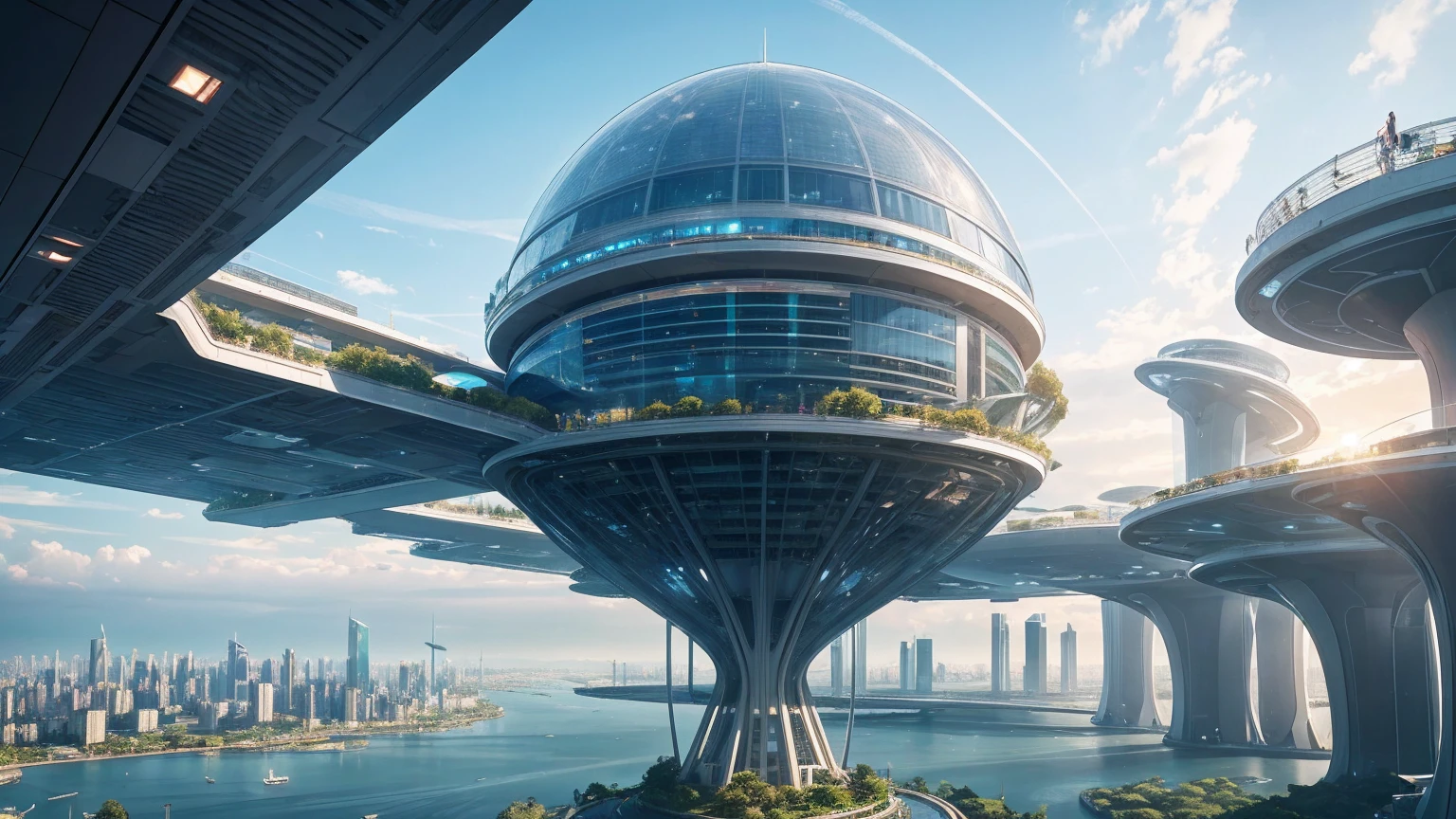 (Best quality,4K,8K,A high resolution,Masterpiece:1.2),Ultra-detailed,(Realistic,Photorealistic,photo-realistic:1.37),Futuristic floating city,Futuristic technology,Huge urban high-tech tablet platform,Airship,Floating in the sky,Futuristic city,Small airships around,High-tech hemispherical platform,Colorful lights,Advanced architecture,modernn architecture,skyscrapper,Access the cloud,Scenic beauty,view over city,Impressive design,Blend seamlessly with nature,energetic and vibrant atmosphere,Futuristic transportation system,Parking is suspended,Transparent path,Lush greenery,Sky gardens,cascading waterfalls,Magnificent skyline,reflections on the water,Sparkling river,Architectural innovation,futuristic skyscrapers,Transparent dome,The shape of the building is unusual,Elevated walkway,Impressive skyline,Glowing lights,Futuristic technology,Minimalist design,Scenic spots,Panoramic view,Cloud Piercing Tower,Vibrant colors,epic sunrise,epic sunset,Dazzling light display,magical ambiance,The future city,Urban Utopia,LuxuryLifestyle,Innovative energy,sustainable development,Smart city technology,Advanced infrastructure,Tranquil atmosphere,Nature and technology live in harmony,Awesome cityscape,Unprecedented urban planning,Architecture connects seamlessly with nature,High-tech metropolis,A cutting-edge engineering marvel,The future of urban living,Visionary architectural concept,Energy-efficient buildings,Harmony with the environment,A city floating above the clouds,Utopian dreams become reality,The possibilities are endless,State-of-the-art transportation network,Green energy integration,Innovative materials,Impressive holographic display,Advanced communication system,Breathtaking aerial view,Quiet and peaceful environment,Modernist aesthetics,Ethereal beauty