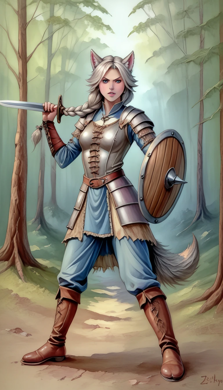 (zPDXL2),  score_9_up, painterly, faux traditional media, realistic, BREAK
1girl, solo, fullbody, (wolf:1.2), (long braided hair), grey eyes, (wolf ears, wolf tail), pale skin, medieval, fantasy, warrior leather clothes, holding sword and shield, action pose, battle pose, damaged, forest background, BREAK
AissistXLv2, unaestheticXL_bp5, SimplePositiveXLv2, zPDXL2 PonyXLV6_Scores