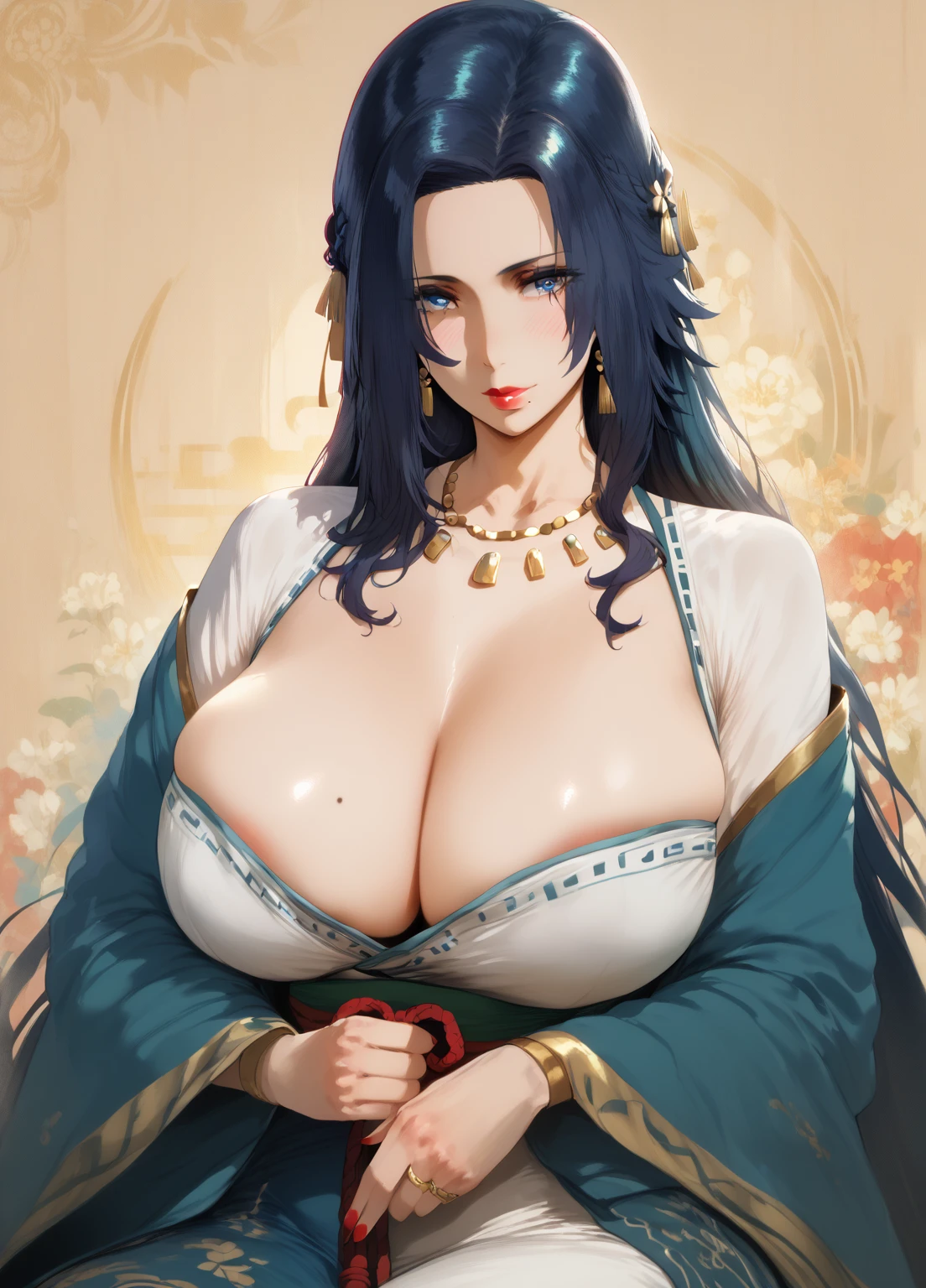 (hews art style:0.7), score_9, score_8_up, score_7_up, score_6_up, uncensored, gamma, dark-blue hair, long hair, dark-blue eyes, BREAK (masterpiece:1.2), best quality, high resolution, (detailed eyes:1.3), perfect lighting, (perfect hands, perfect anatomy), large breasts, 1girl, breasts, jewelry, solo, necklace, huge breasts, sagging breast, red lips, mole, earrings,  cleavage, looking at viewer, red nails, mole on breast, makeup, chinese clothes, flower, mature female, hanfu, lipstick, collarbone, nail polish, sitting, long sleeves, floral background, sash, 